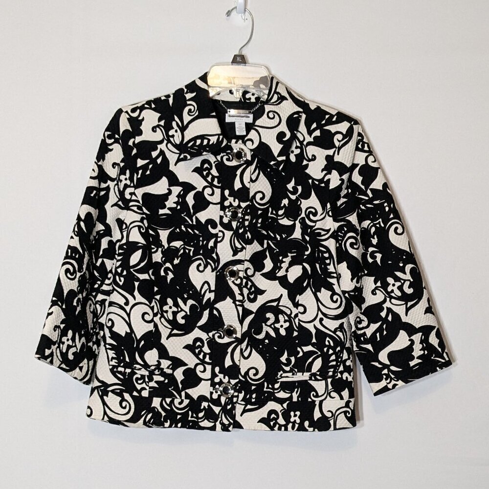 CHARTER CLUB PETITE Black/White Cotton Short Button Jacket; Size 10P